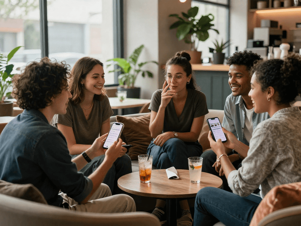 Friends exploring AI sex app features in a stylish lounge, showcasing innovative dating approaches.
