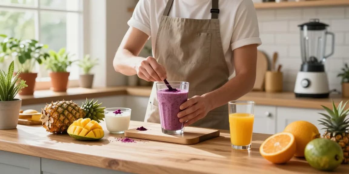 Camu camu powder featured in a vibrant smoothie preparation with fresh fruits and yogurt, showcasing a health-conscious kitchen environment.