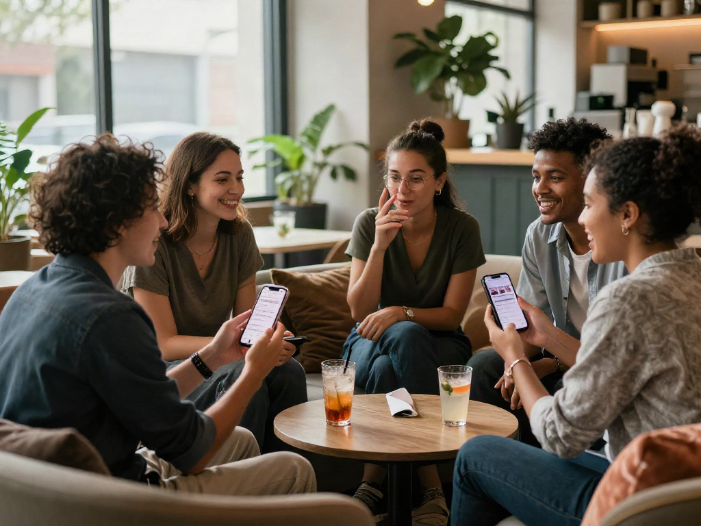 Friends exploring AI sex app features in a stylish lounge, showcasing innovative dating approaches.
