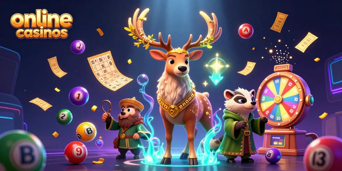 Engage in online casinos with vibrant characters and dynamic lottery elements around a mystical druid scene.