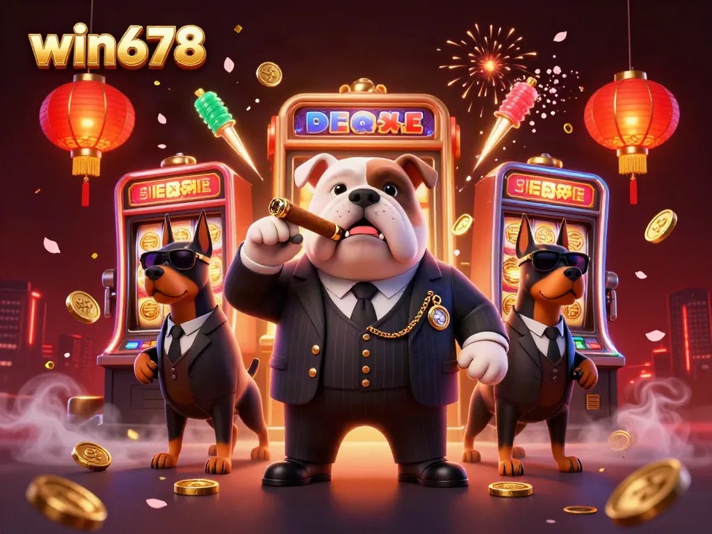 Experience excitement at win678 with a mafia bulldog and two Doberman bodyguards in a vibrant casino atmosphere.