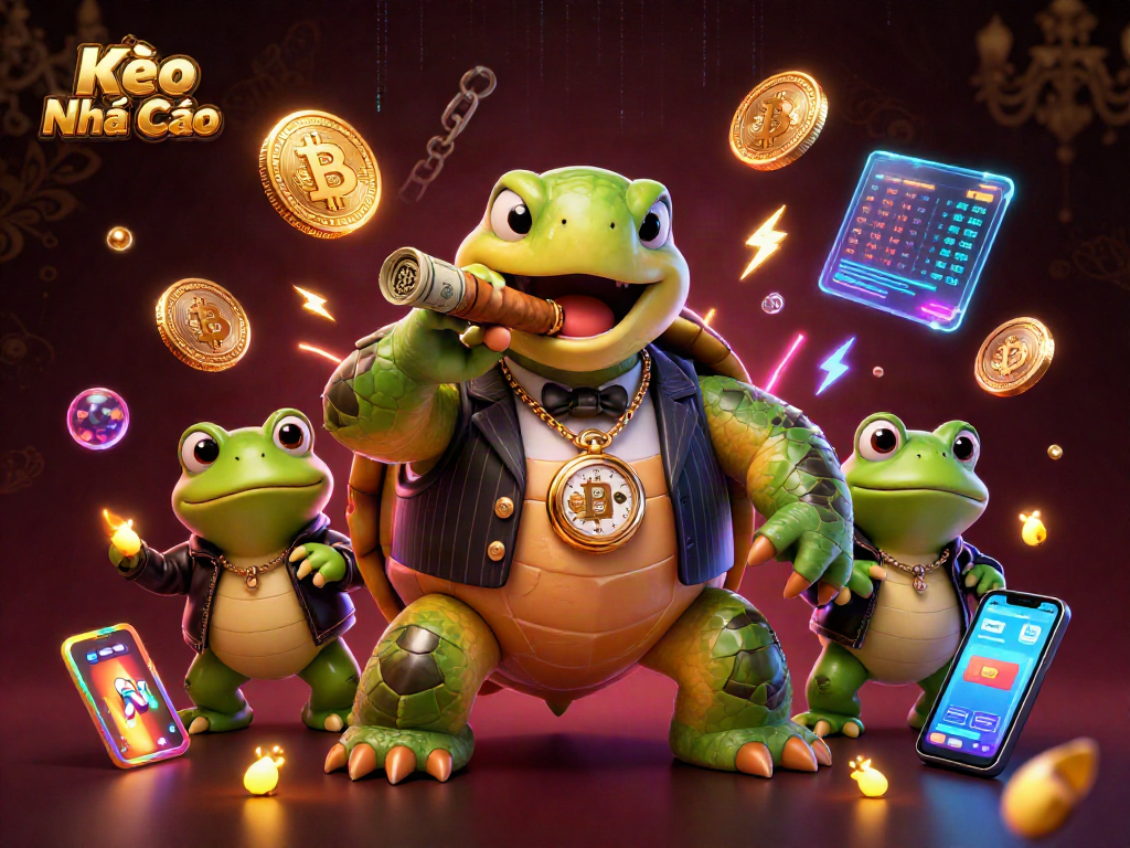 Kèo Nhà Cái showcases a snapping turtle mobster with crypto coins and vibrant casino lights.
