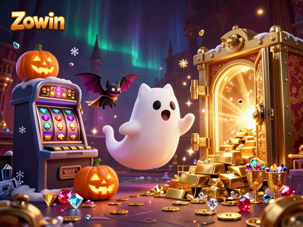 Zowin offers a captivating casino experience with a ghost cat and glowing jack-o-lanterns in a haunted setting.