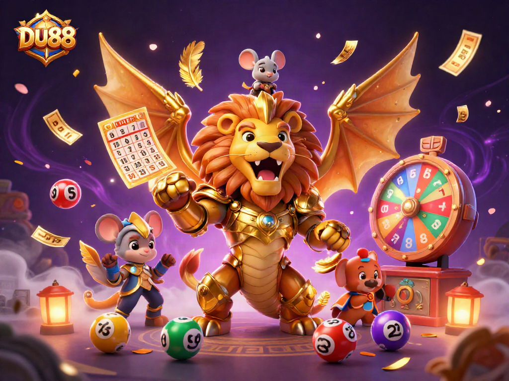 Engage with DU88's exciting world of games featuring a roaring chimera and vibrant lottery elements.