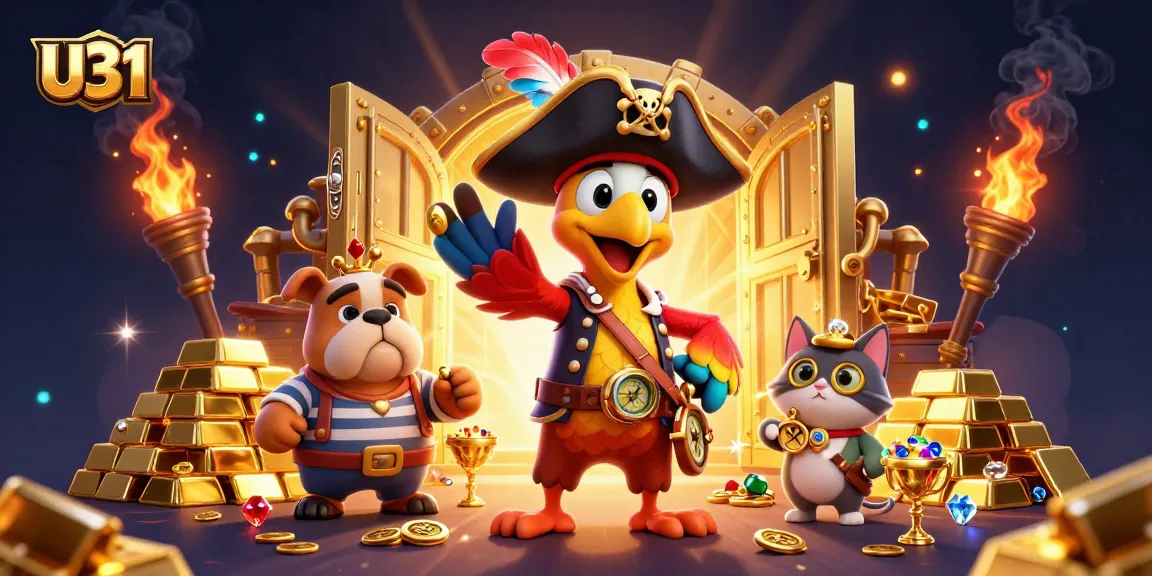 U31 pirate captain leading a treasure hunt, surrounded by gold ingots and gems in a vibrant casino scene.