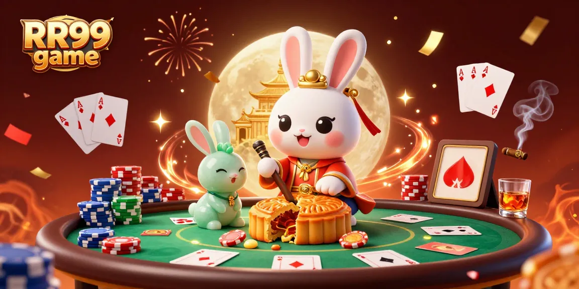 Engage in RR99 game with a vibrant moon-themed casino scene showcasing poker elements and rabbits.