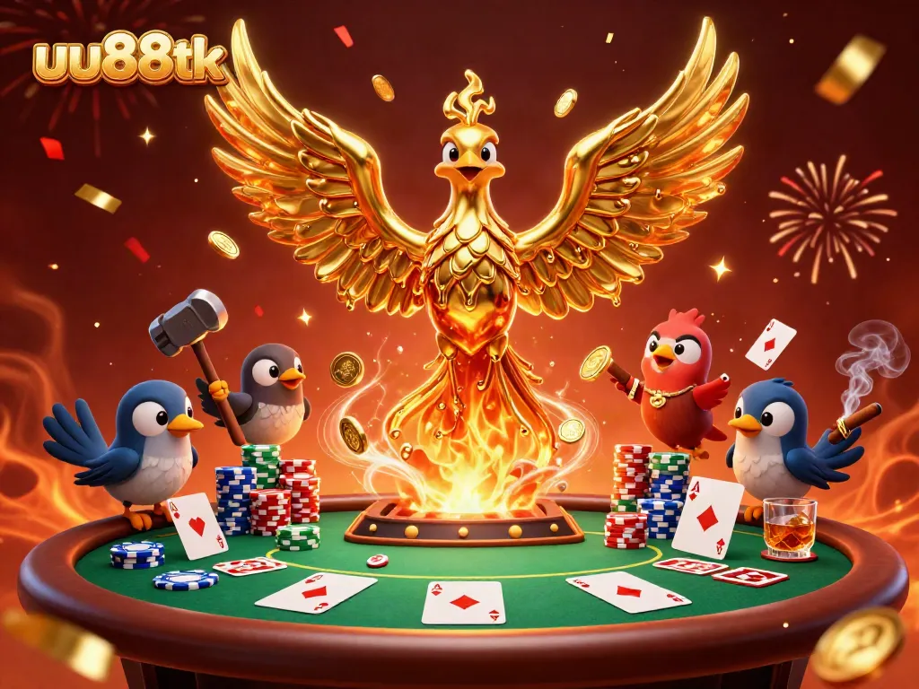 Experience the excitement of uu88tk with a golden phoenix in a dynamic casino scene filled with poker elements.