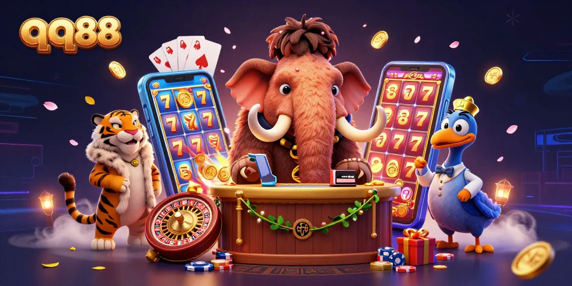 Engage with the vibrant universe of qq88 as a woolly mammoth bouncer checks IDs at a lively casino entrance.
