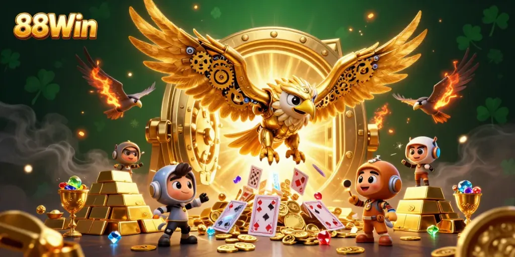 Experience thrilling gaming moments at 88Win, with a cybernetic eagle soaring among dazzling casino treasures.