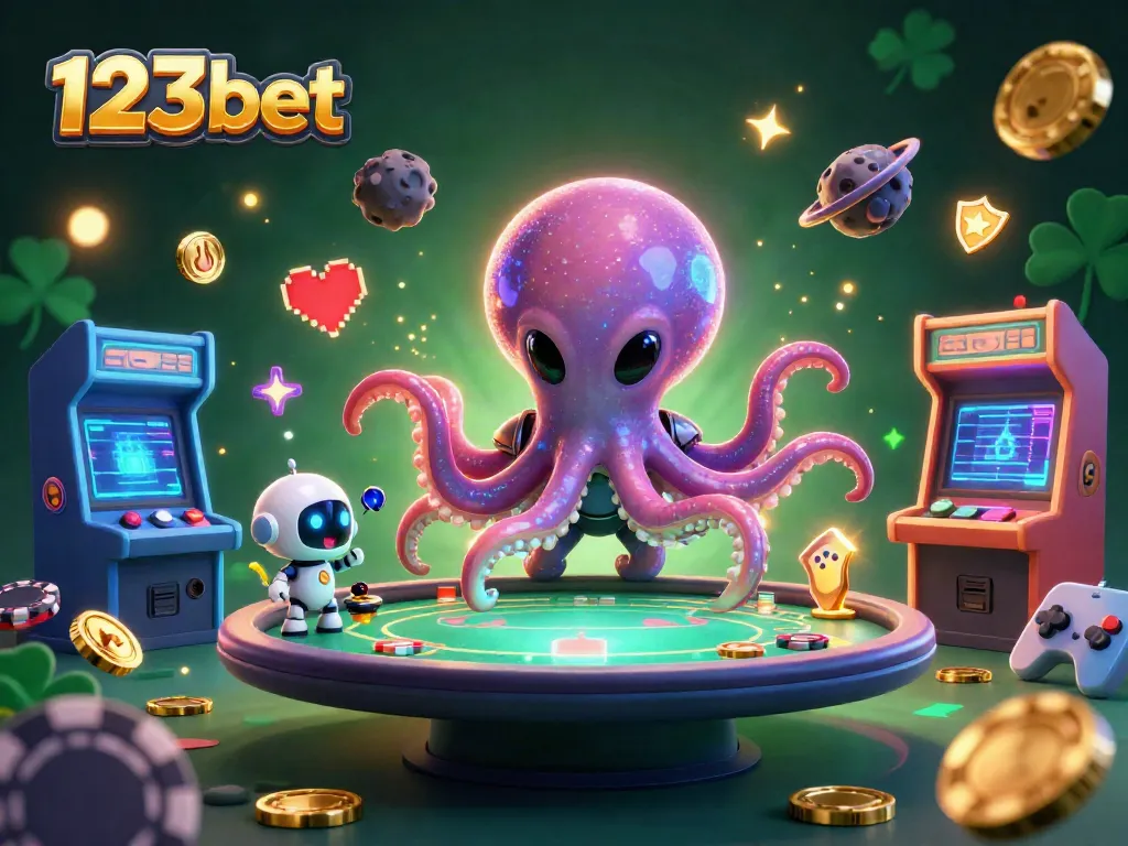 Experience the thrill of 123bet with an exciting 3D casino scene featuring alien characters and game elements.