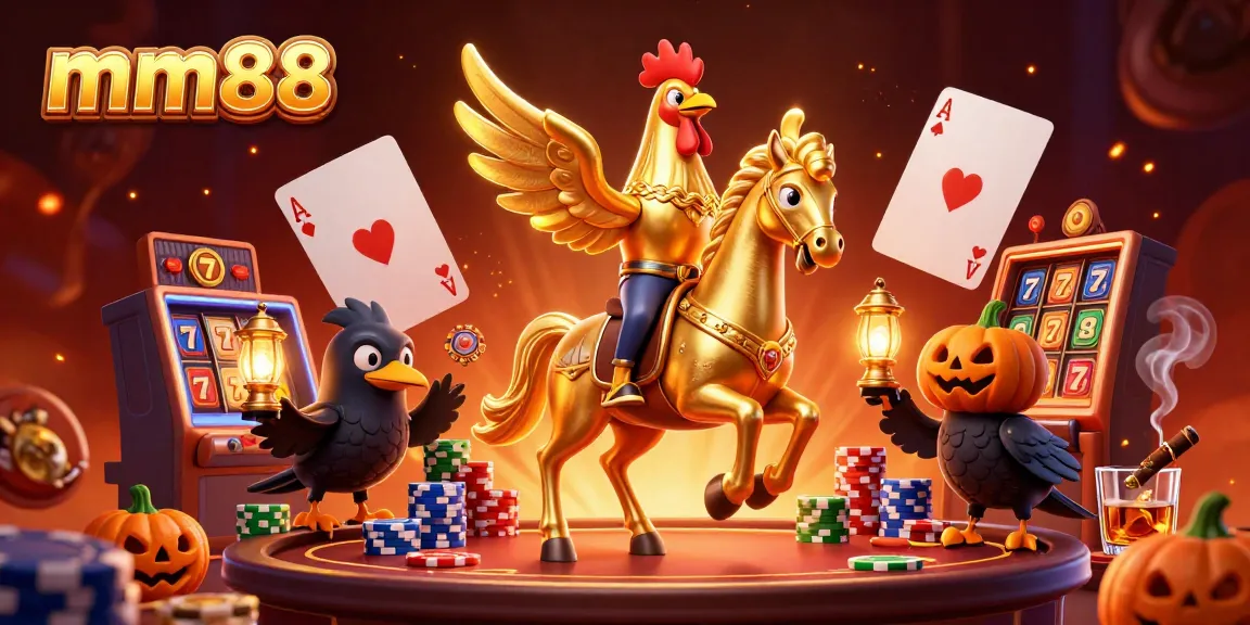 Experience thrilling gaming at mm88 with immersive 3D visuals of a golden rooster in a vibrant casino.