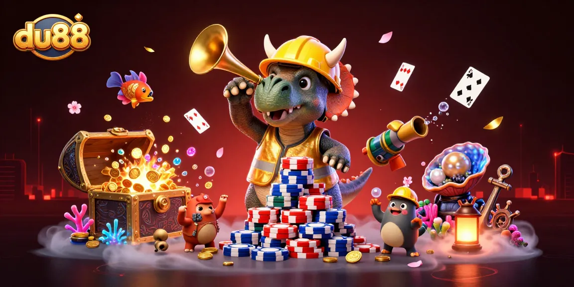Experience du88's vibrant casino atmosphere with cartoon characters celebrating poker wins.
