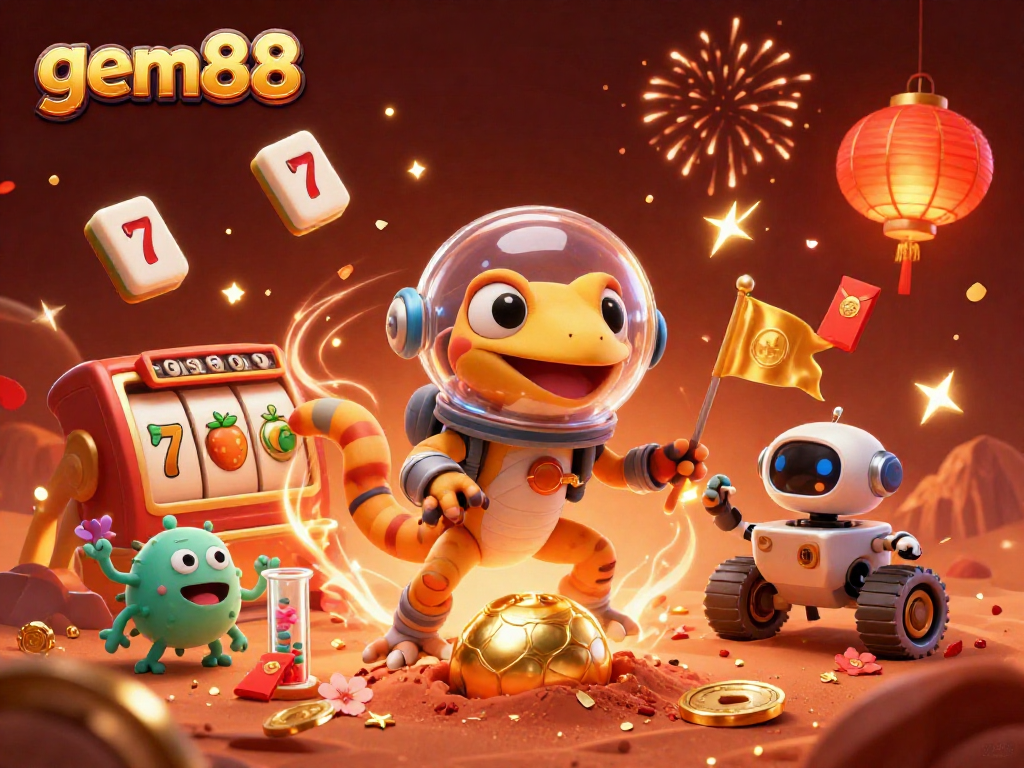 Join the excitement at gem88 with a vibrant 3D illustration of a space gecko discovering a casino!
