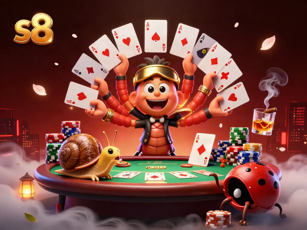 Experience thrilling gameplay at S8 with a vibrant casino scene featuring a millipede dealer and joyful characters.
