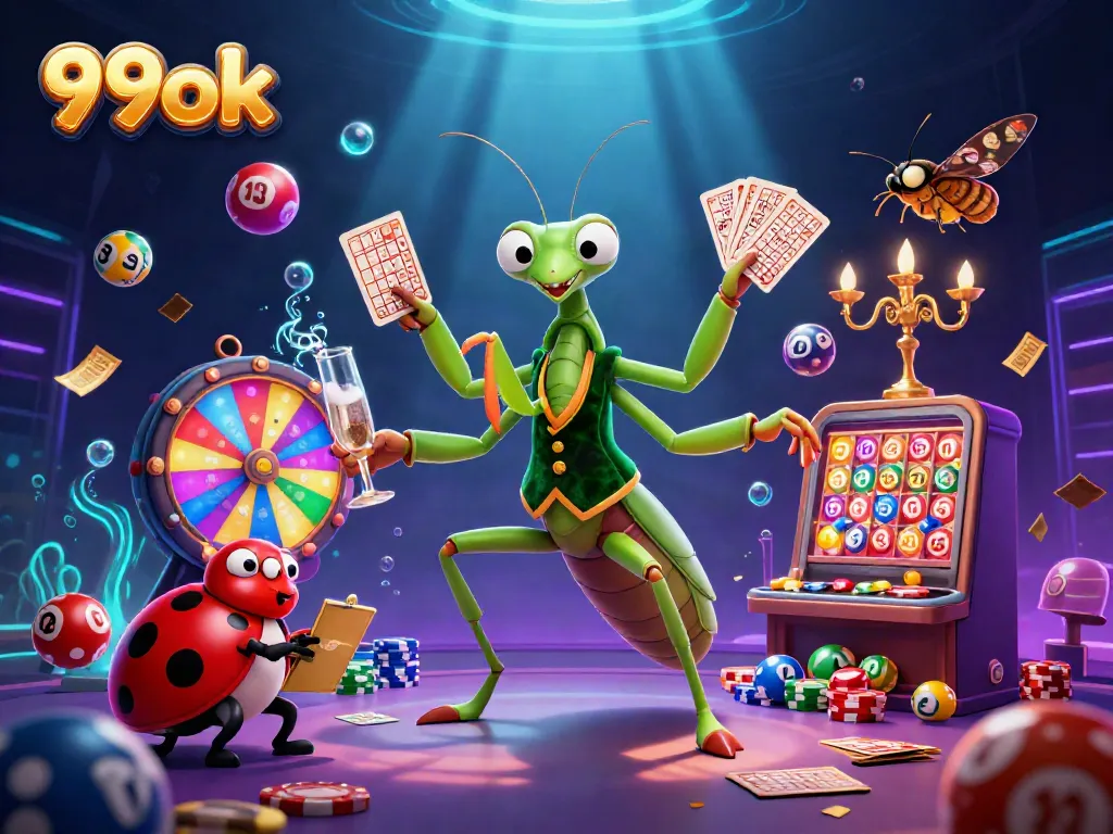Engage in vibrant 99ok casino action, featuring a lively cartoon mantis dealer and ladybug pit boss.