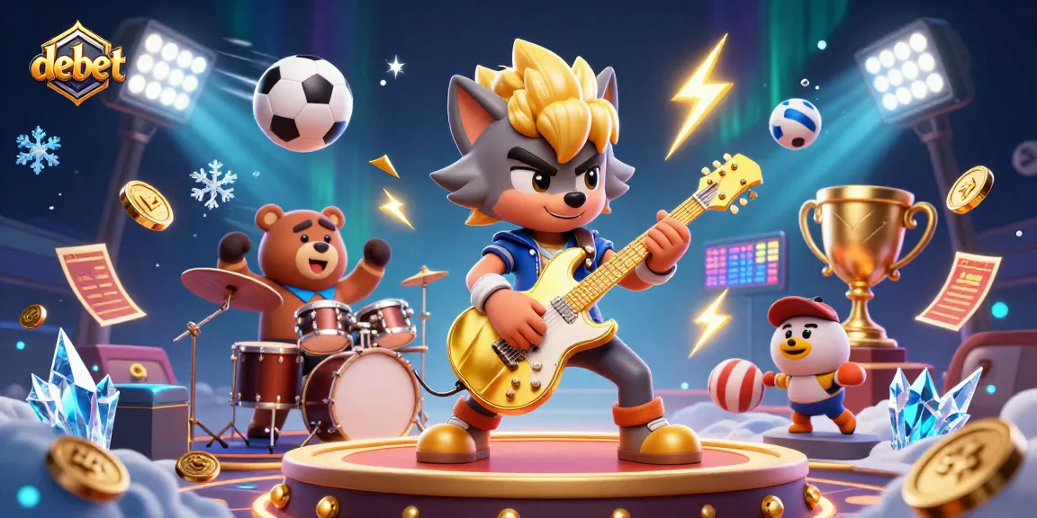 Engage with debet sports betting excitement featuring a dynamic rock star wolf and drummer bear in a vibrant casino scene.