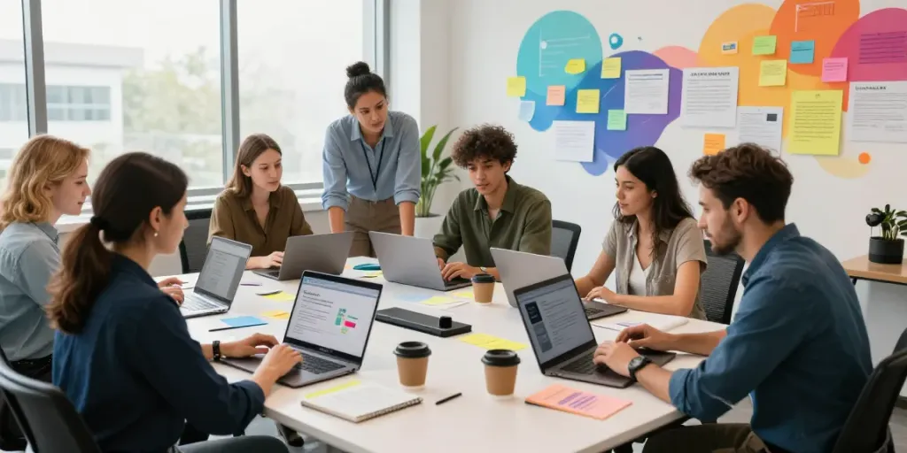 Team collaborating to publish SaaS article in modern workspace.