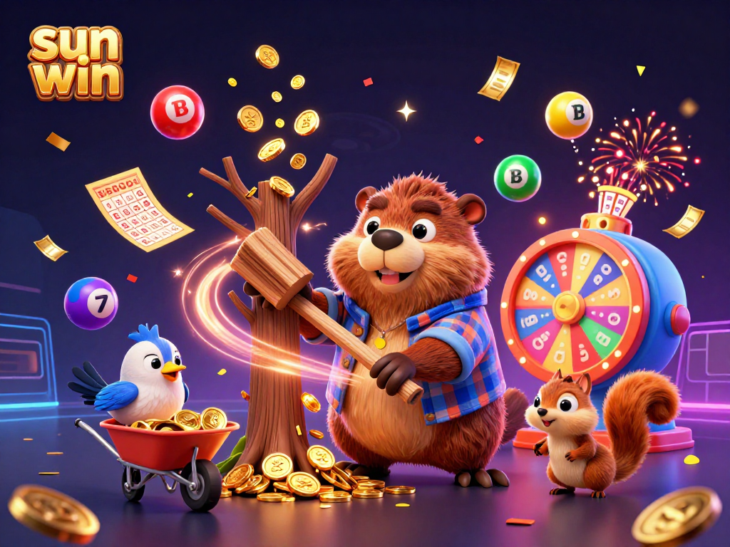 Experience exciting wins with sun win as cartoon beaver chops a golden coin tree, celebrating with friends.