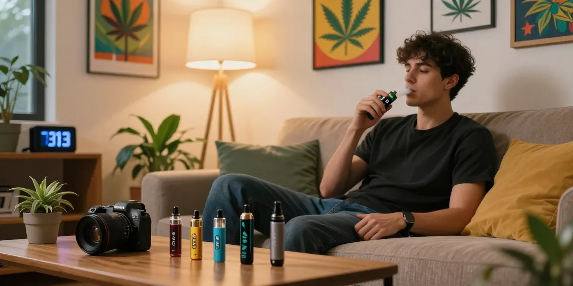 Relaxing with a thc vape in a cozy urban living room, featuring stylish decor.