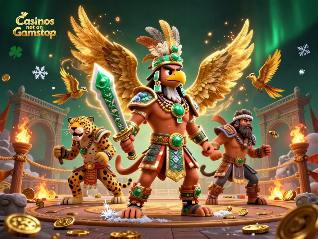 Engage with vibrant scenes of Casinos not on Gamstop, showcasing dynamic 3D warrior characters and gambling elements.