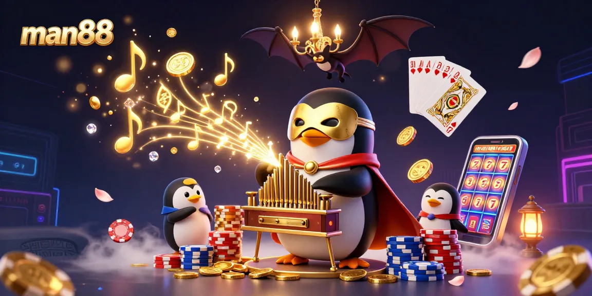 man88's vibrant scene of a phantom opera penguin and golden coins captures rich casino excitement.