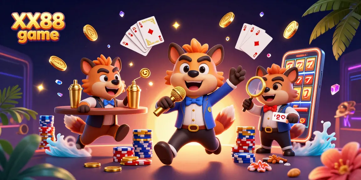 Experience the excitement of the XX88 game with lively hyena characters in a vibrant casino scene.