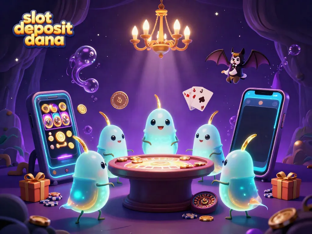 Experience the excitement of slot deposit dana with a lively casino scene illuminated by glowworms, featuring a smartphone slot game and sparkling coins.