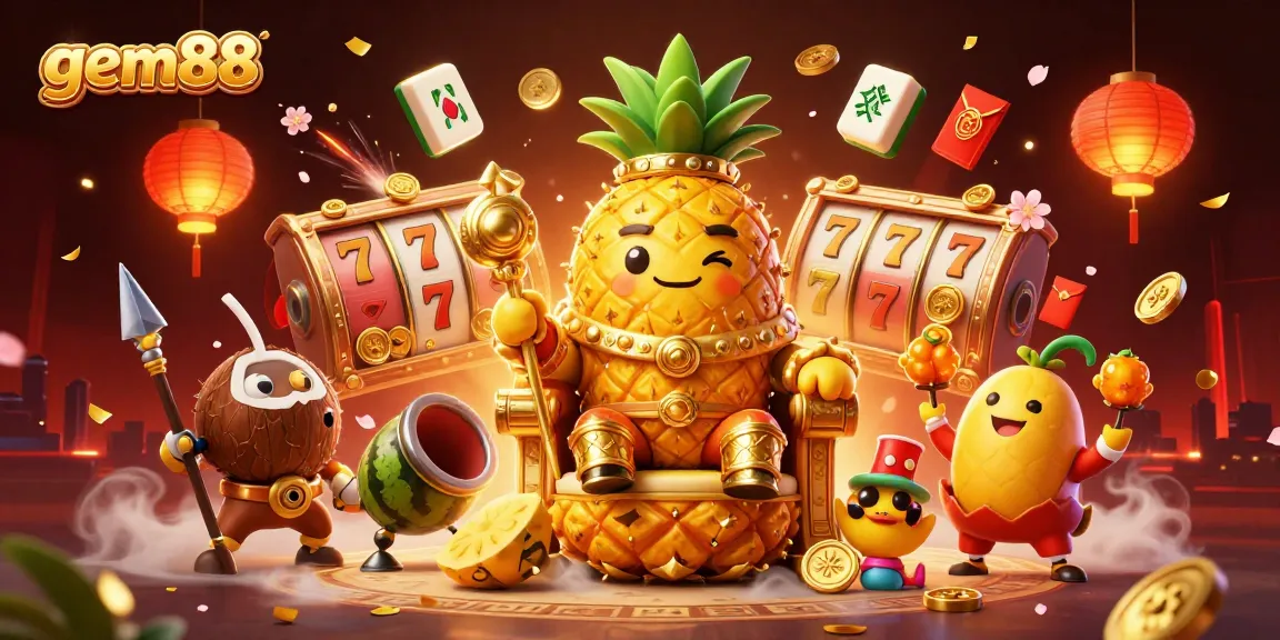 Gem88 casino scene featuring a pineapple king, coconut guards, and jester amidst vibrant slot action.