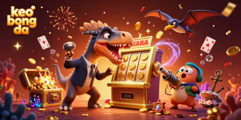 Dynamic scene with keo bong da themed characters engaging in casino action, featuring vibrant illustrations and jackpot elements.