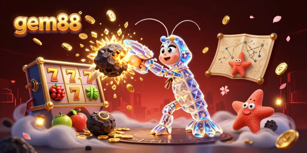 Experience the excitement of gem88 with a galactic scene featuring a mantis shrimp amidst dynamic gambling elements.