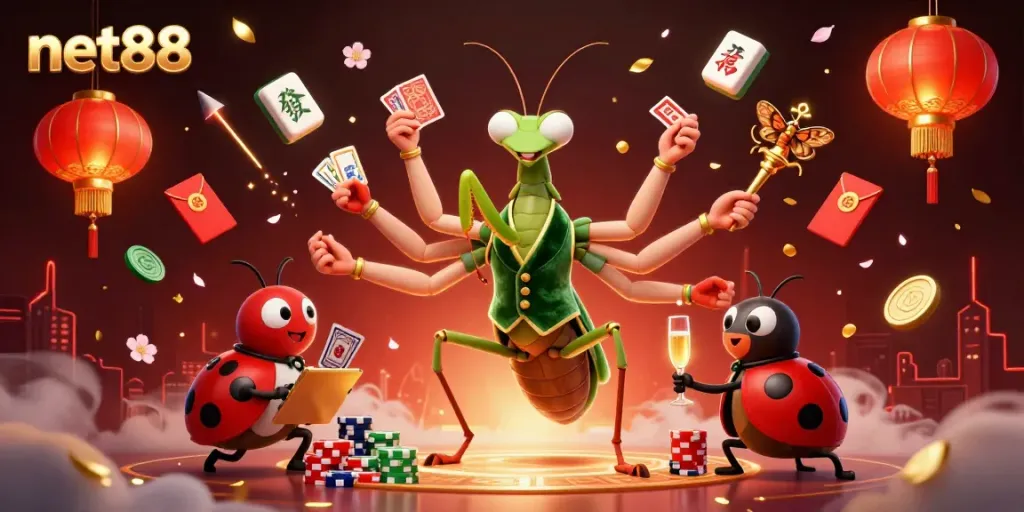 Experience the excitement of net88 in a vibrant digital casino scene featuring cartoon characters and gaming elements.