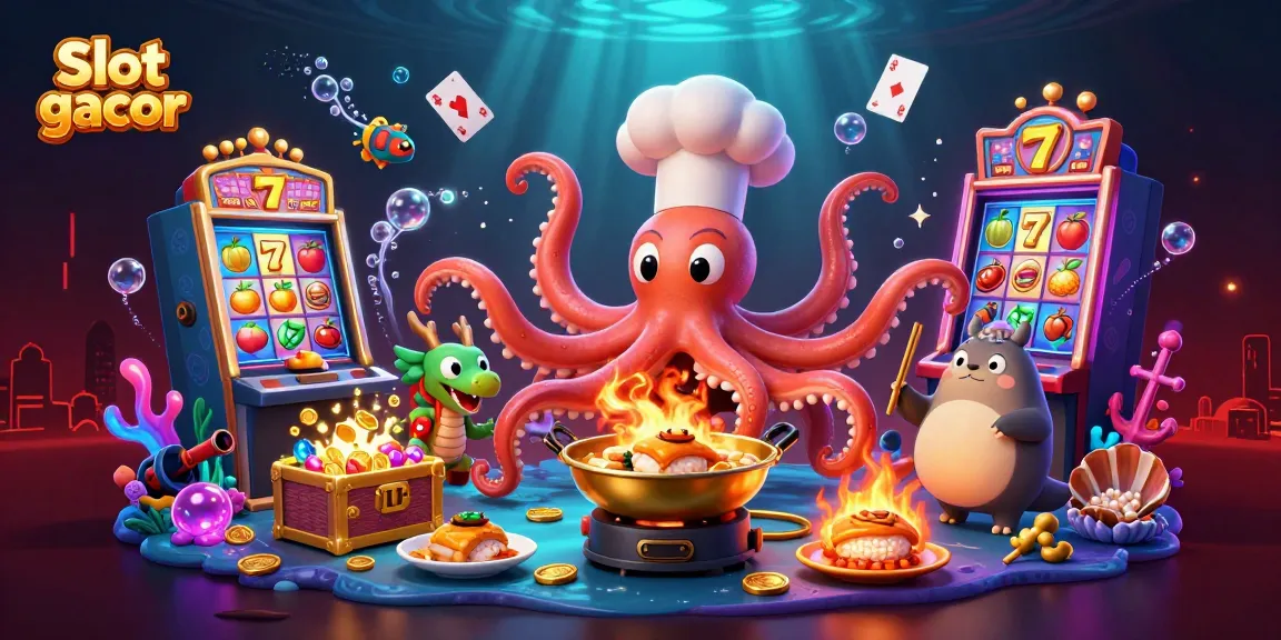 Engage with slot gacor action featuring an octopus chef, dragon, and tanuki in a vibrant casino scene.