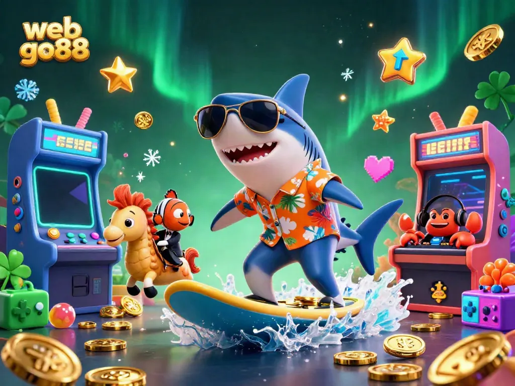 Experience the thrill of gaming with web go88, featuring a playful shark and colorful casino elements.