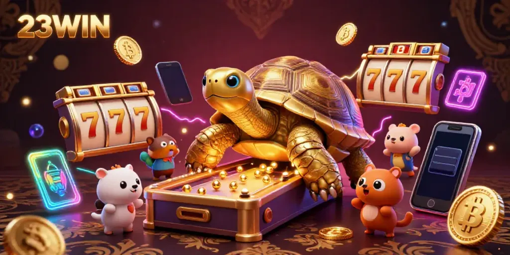Experience the excitement of 23WIN in a lively casino scene with a golden tortoise pinball machine.
