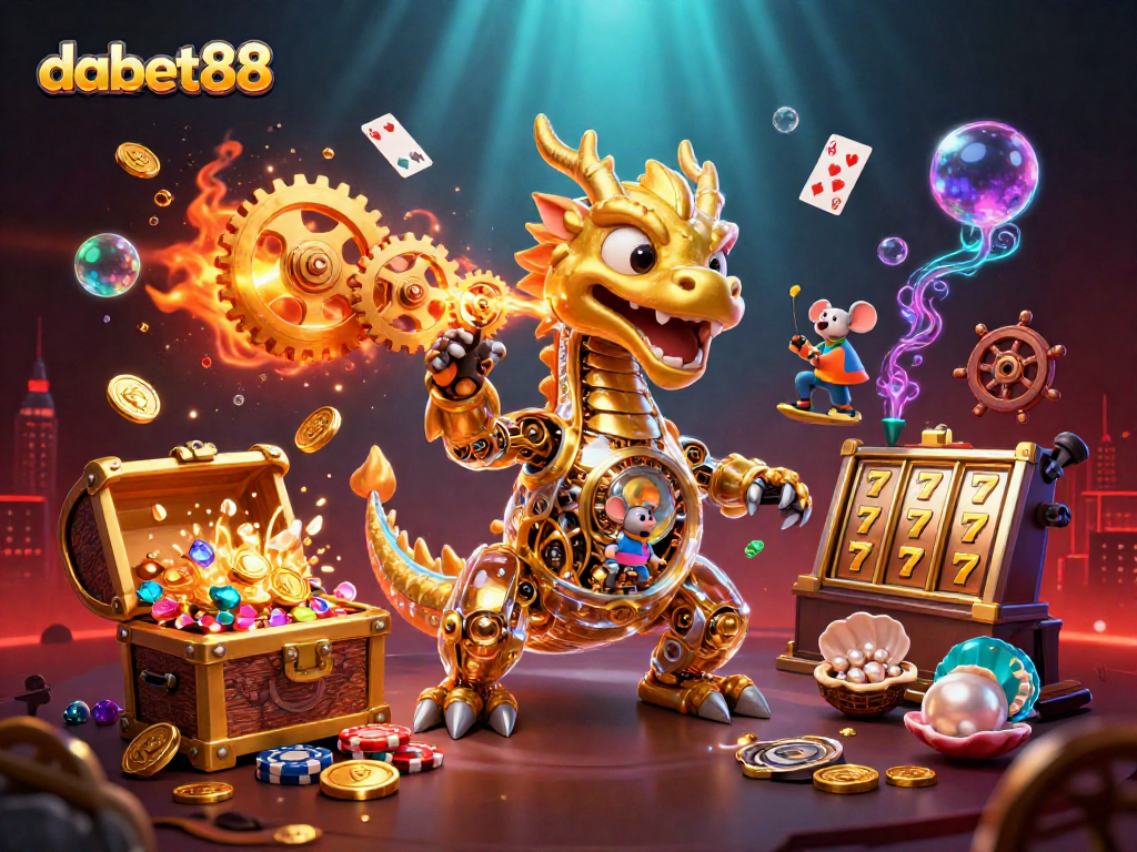 Experience thrilling wins at dabet88 with a golden dragon amidst casino games and rich treasures.