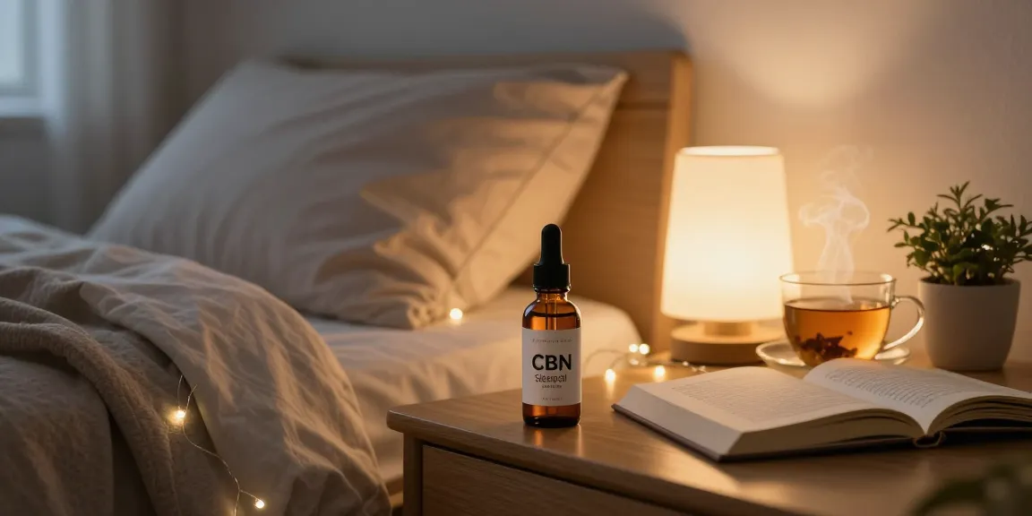 CBN sleep oil Canada on nightstand, promoting relaxation and restful sleep.