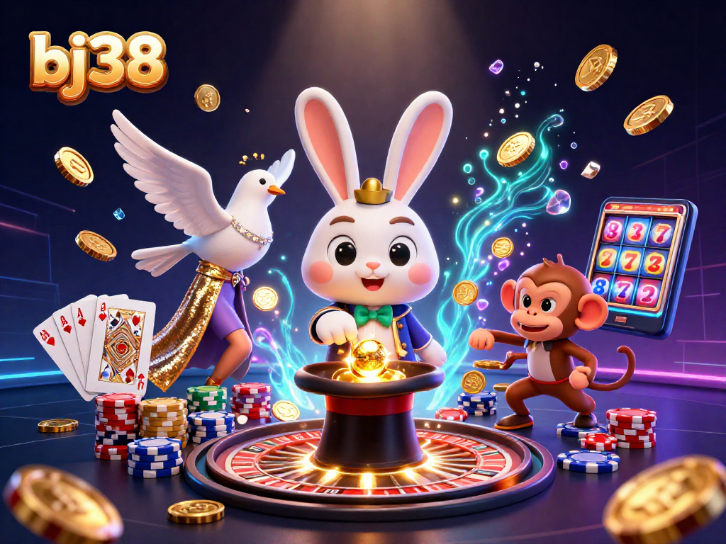 Experience thrilling gameplay at bj38 with a magician rabbit, a dove, and a monkey engaging in casino fun.