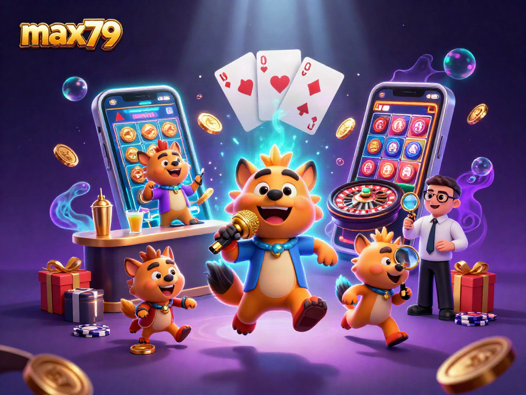 Experience max79's vibrant comedy casino scene with hyenas, slots, and golden casino elements.