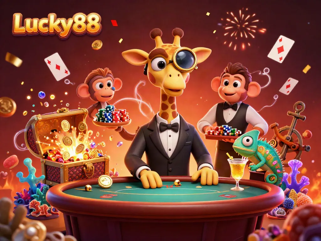 Experience excitement with Lucky88 as a high-roller giraffe plays poker surrounded by vibrant casino elements.