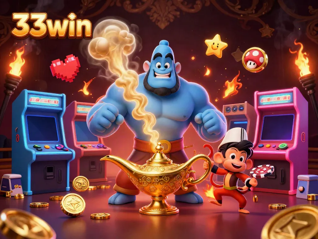 Experience the magic of 33win in a vibrant casino scene with a genie, monkey, and poker chips.