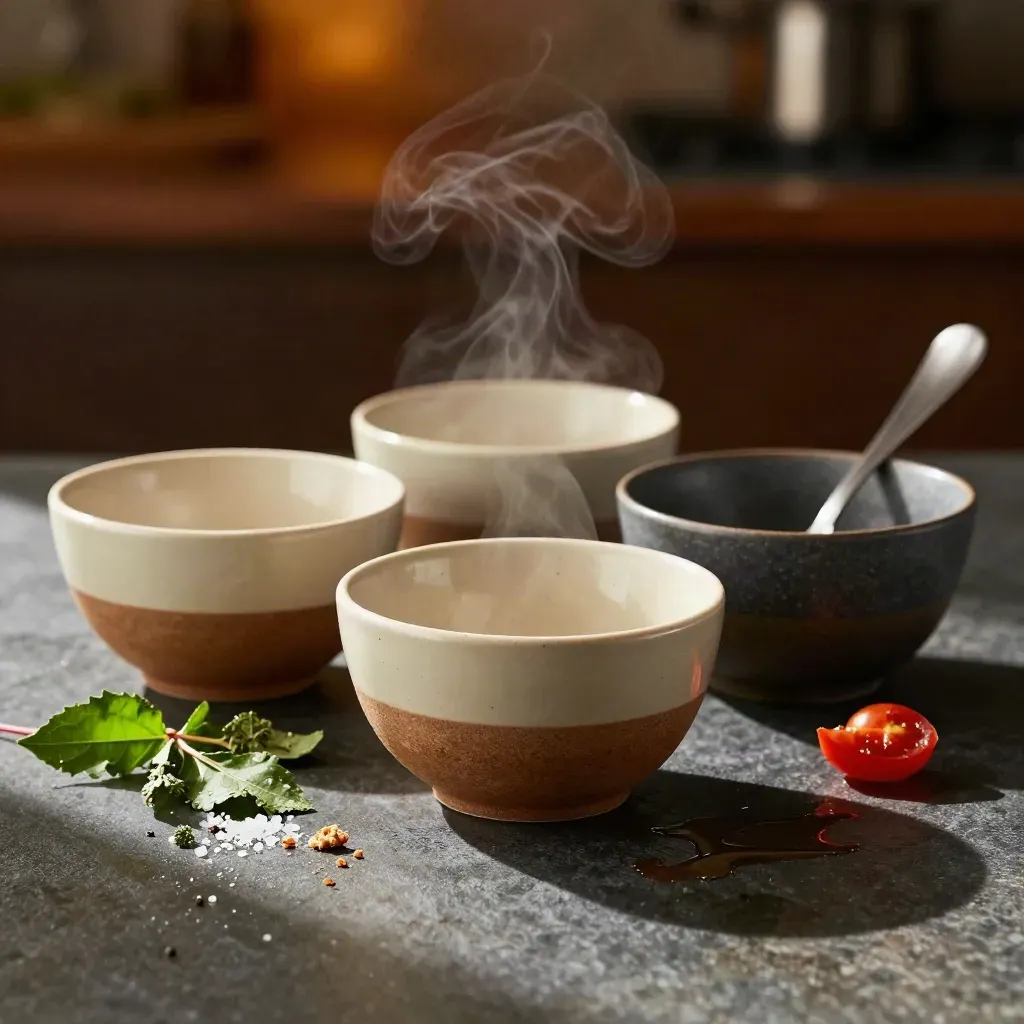Three ceramic tasting bowls, spoon, herb tray, and tomato accent on dark stone with steam