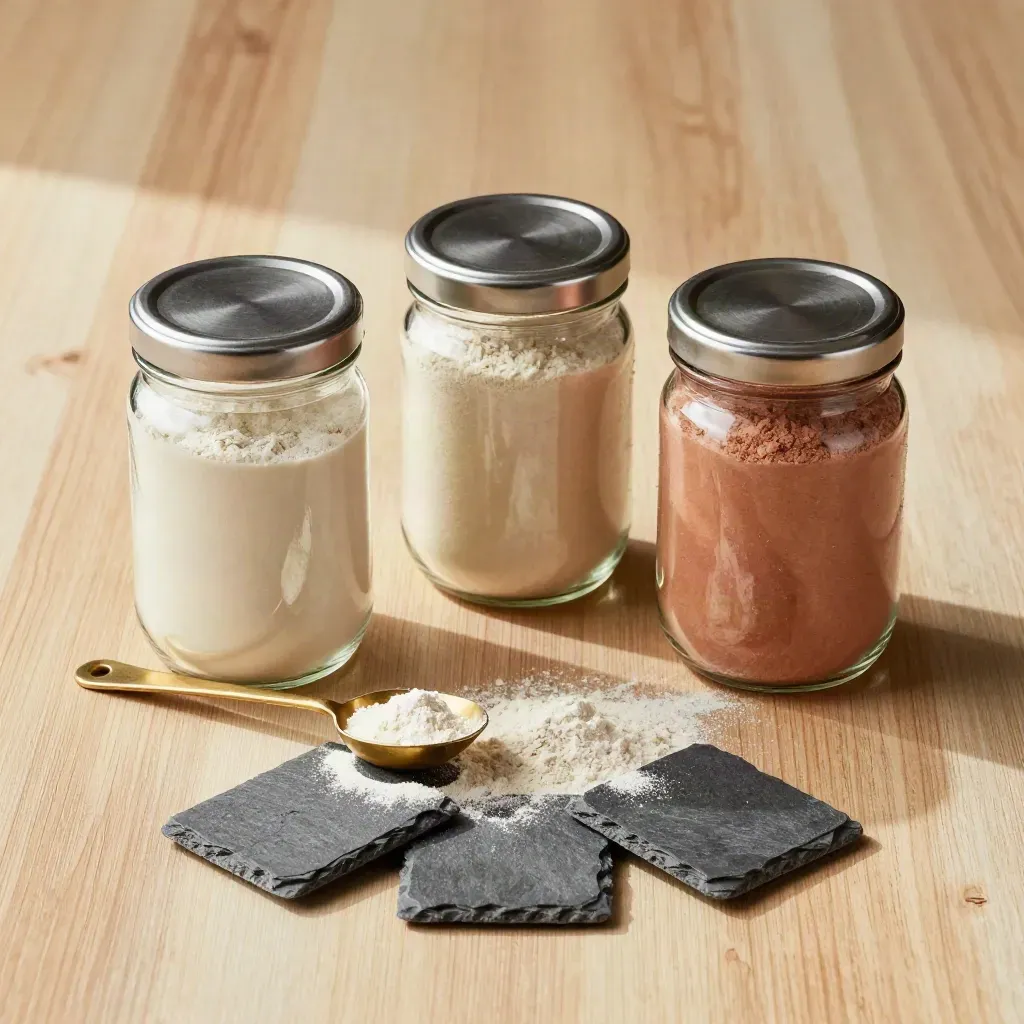 Overhead still life of sample jars, brass scoop and slate tasting tiles on pale oak.