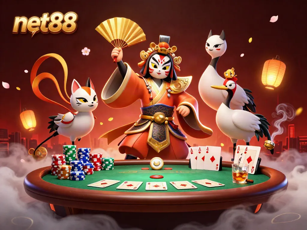 Engage with net88 using iconic characters amidst a vibrant casino scene filled with poker elements.