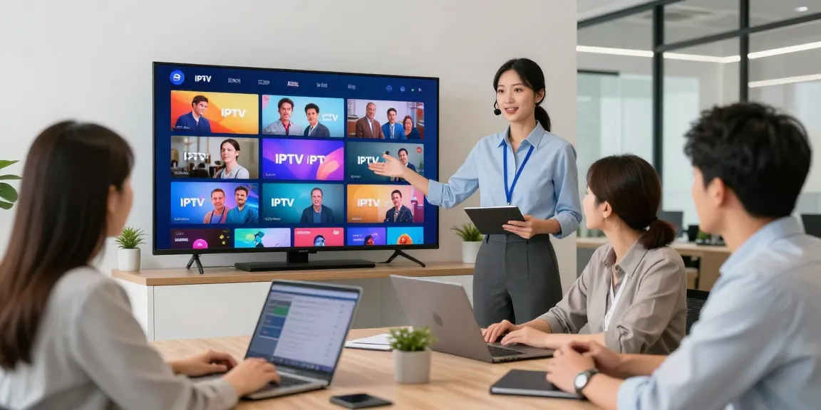 Trusted IPTV services provider assisting clients in a modern setup with vibrant displays and community-oriented atmosphere.
