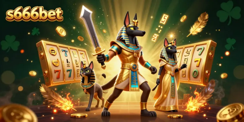 Experience the excitement of s666bet in this vibrant 3D casino scene featuring Anubis and Bastet.