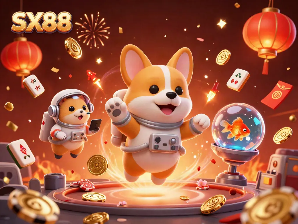 Experience the excitement of SX88 with a whimsical 3D casino scene featuring playful characters and vibrant gaming elements.