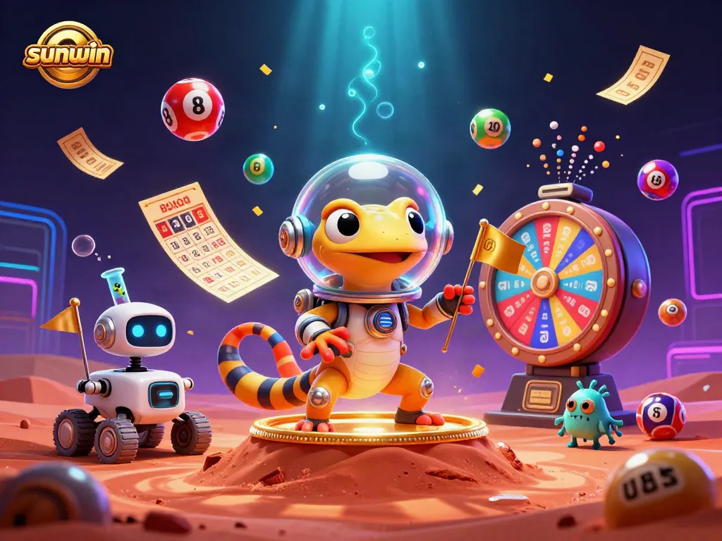 Win at sunwin with a Martian gecko discovering a vibrant gambling world filled with lottery elements.