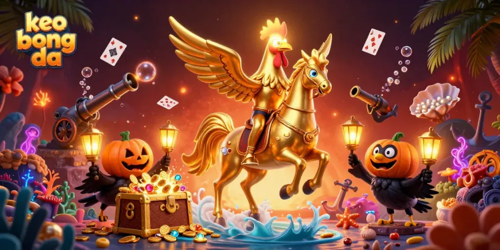Experience the excitement of keo bong da in a vibrant 3D casino scene with golden rooster characters.