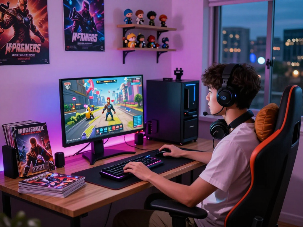 Gamer enjoying porngames in colorful, dynamic gaming setup with 3D graphics.