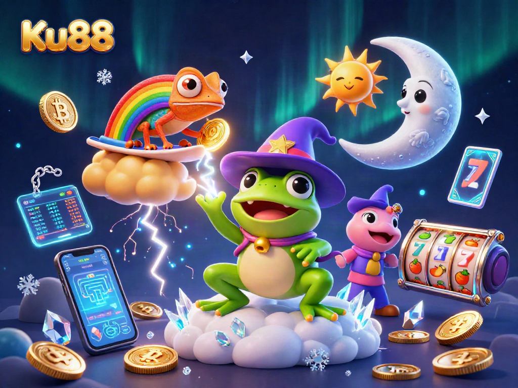 Engage with Ku88 through a thrilling casino landscape featuring a vibrant storm of coins and crypto elements.